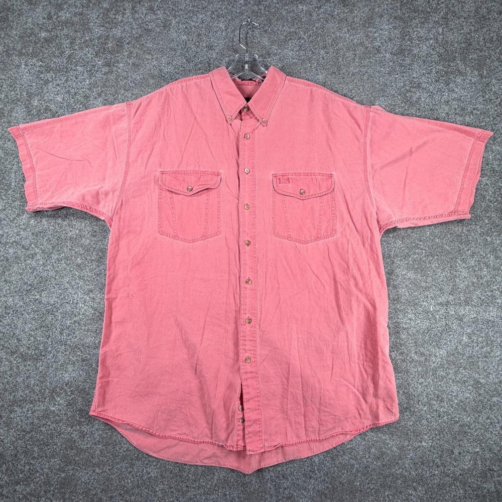 Vintage Eddie Bauer Button Down Shirt Mens 2XL Pink Rufton Twill Short Sleeve